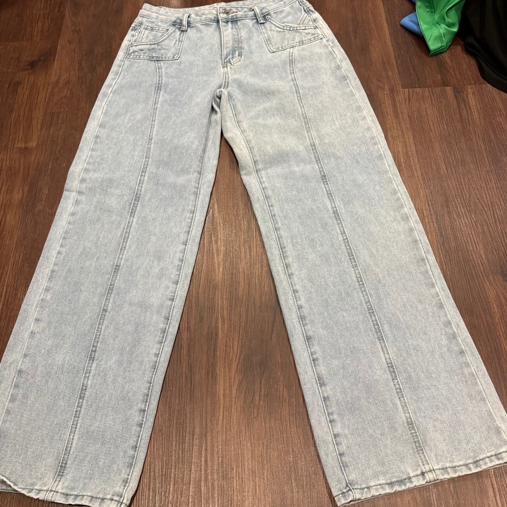 High-Waist Wide-Leg Panel Seam Denim Jeans 28 Light Wash Blue Y2K Streetwear